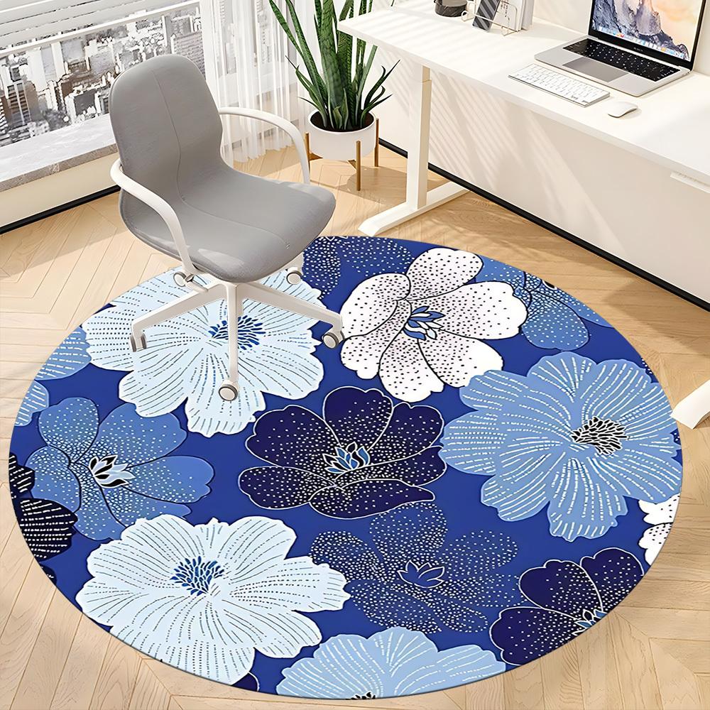 1pc Floral Blue Office Round Area Rug, Mat Suitable For Office, Under Office Chairs Bedroom Living Room Home Decor, Room Deco