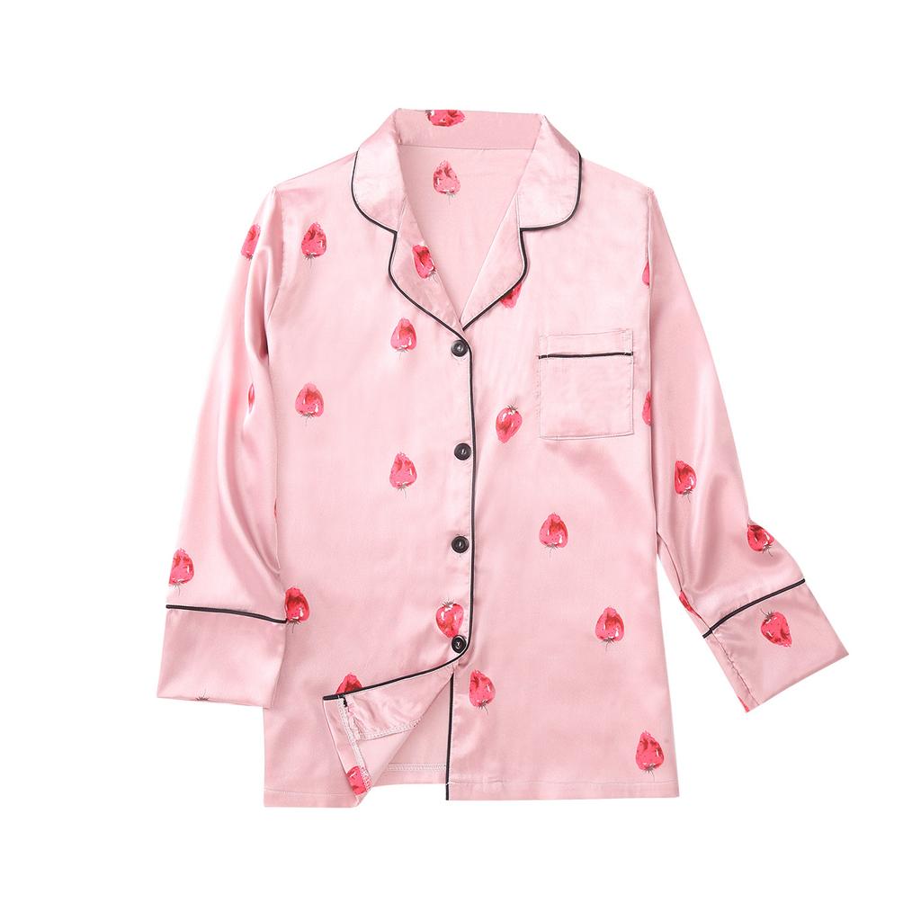 GMXIA Пижамный комплект из 7 предметов из искусственного шелка с клубничным принтом, Комплект из 7 предметов шелковой пижамы для весны, лета и осени, Домашняя одежда, Пижамные комплекты