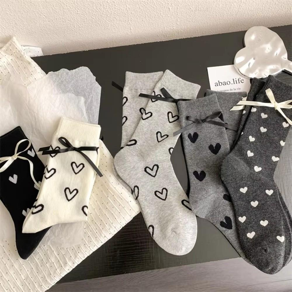 5 Pairs Set Heart Polka Dots Long Socks Thickened Sweet Socks Mid Tube Socks Autumn Winter Season