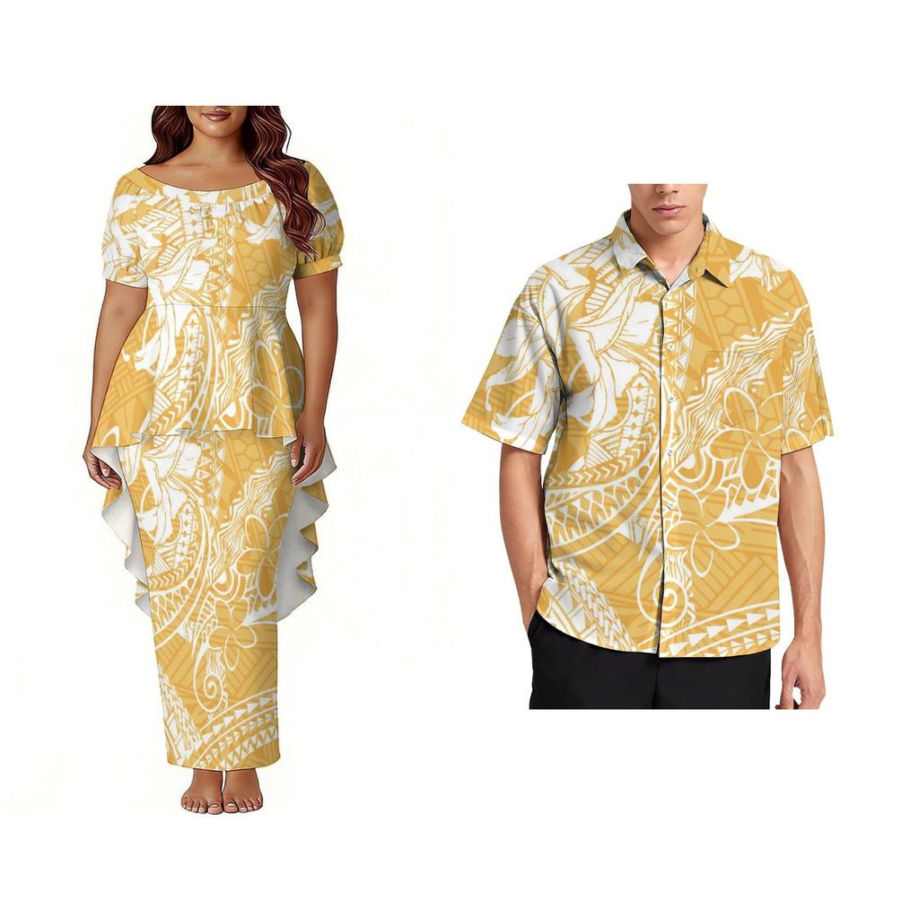 Custom Polynesian Bubble Short Sleeve Long Dress Lady Puletasi Dress Match Plus Size Men Stiff Neck Shirt Sets off Couples 2pcs