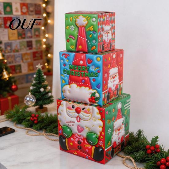 Ornament Storage for Home 3Pcs Christmas Stackable Gift Box, Layered Cube Plastic Boxes with Santa Xmas Ornaments Snowman Reindeer, Tabletop