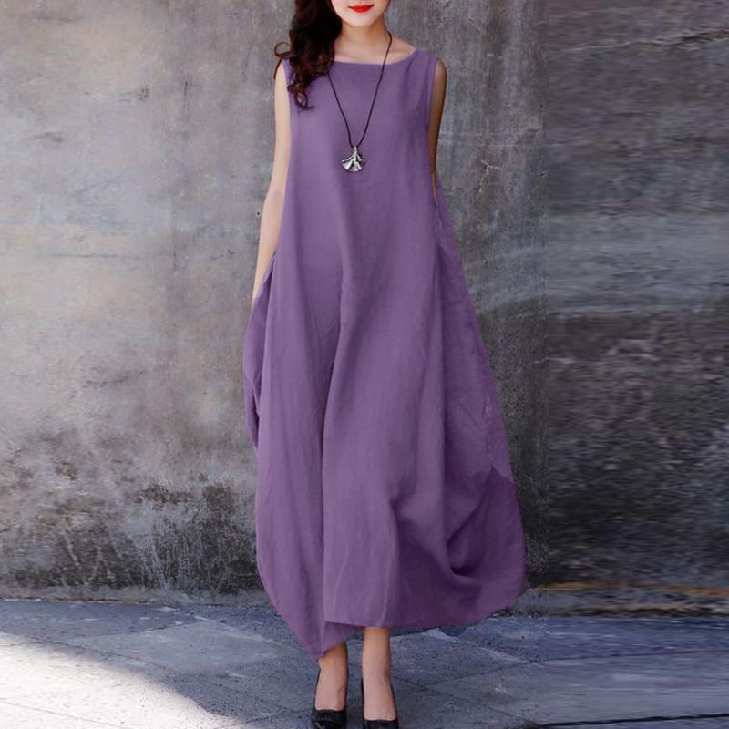 ZANZEA Women Daily Casual Cotton Dress Summer O-neck Sleeveless Loose Long Dress