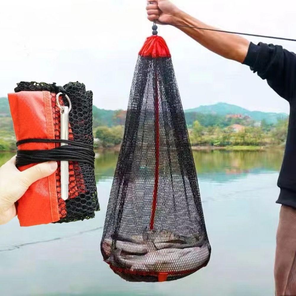 Foldable Fishing Net Bag Small Grid Fishing Gear New Mesh Drawstring Bag  Fishing Supply