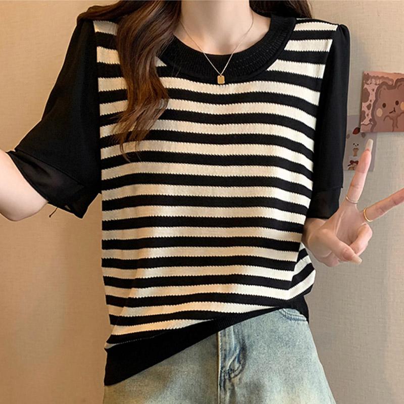 Women Sweaters Pullovers 2025 Summer Short Sleeve O-Neck White Black Knitted Striped Sweater Women Tops Pullover JJ235