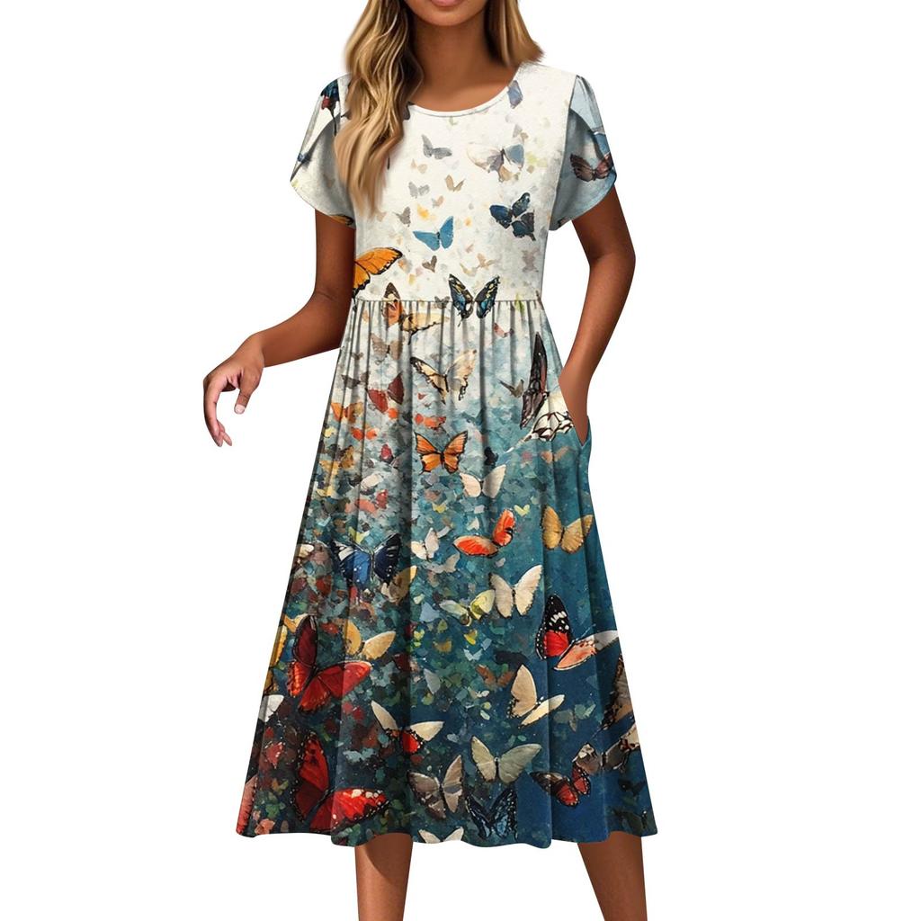 Women's Fashion Casual Loose Printed Round Neck Pocket Short Sleeve Dresses
