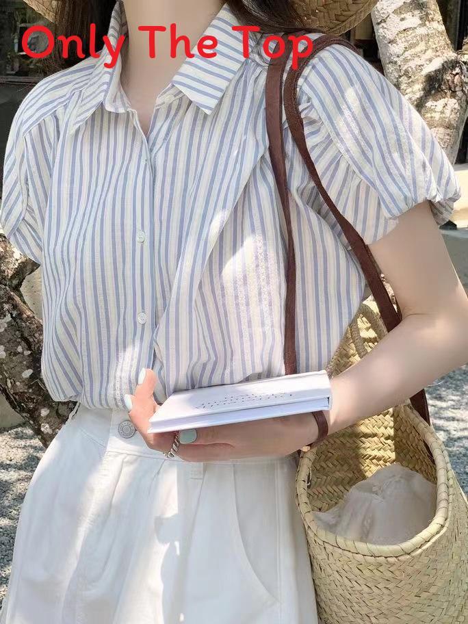 Streetwear Striped Blue Shirt For Women With Short Sleeves And V Neck For Summer Casual Wear