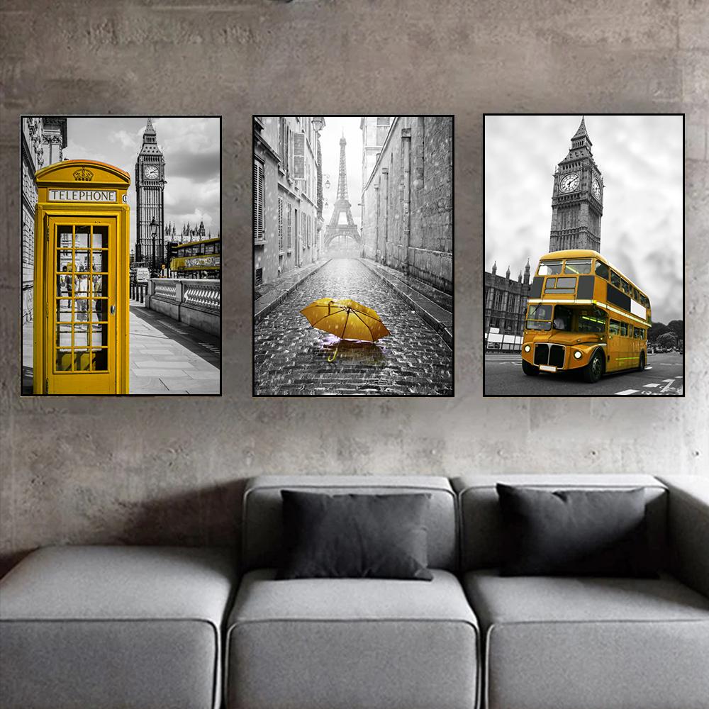 3 предмета Life Wall Art Лондон Красная телефонная будка Автобусный зонтик Печать на холсте Черно-белые фотографии города для дома Современное украшение Декор для гостиной 3 шт.
