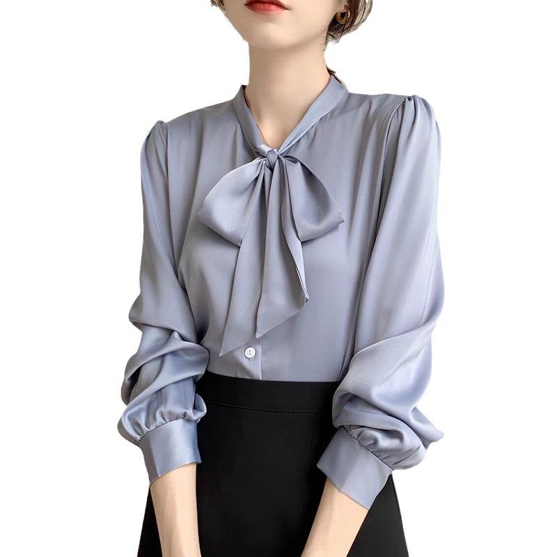 Women's Ash Blue Satin Long Sleeve Shirt - Retro Hong Kong Style, Spring Commute, Concealed Placket, Versatile Drapey Blouse