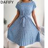 Women's Fashion Summer Spring Flower Pattern Print Short Sleeve O-Neck High Waist Casual Dresses