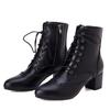 New Lace Up Ladies Square High Heel Shoes Ankle Boots Side Zip Retro Women Pointed Toe Thick Soled Short Booties White Black