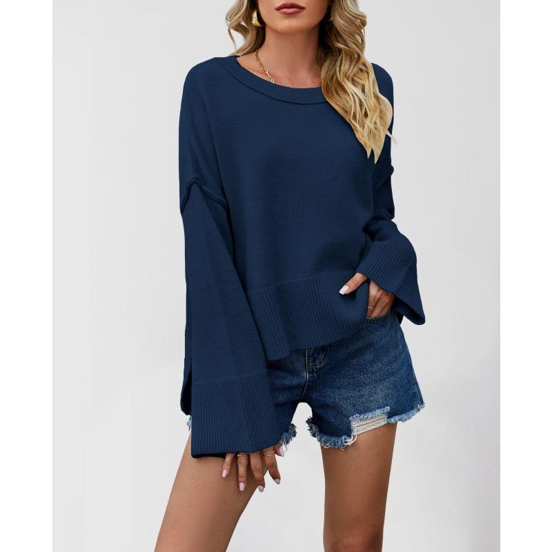 DICFY Women's Fashion Casual Solid Color Print Autumn Winter O-Neck Long Sleeve Loose Sweaters