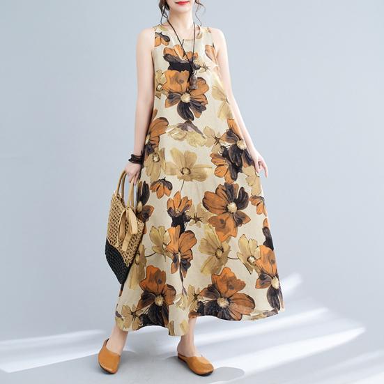 Платье из хлопка и льна больших размеров для женщин, летнее, без рукавов, с принтом, свободное, длинное, повседневное, с круглым вырезом, макси-платье