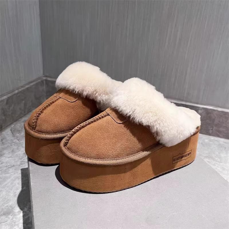 Women Fur Platform Suede Slippers Brand Flats Plush Cotton Shoes Winter Warm High Heels Shoes 2025 Trend Slingback Zapatos Mujer
