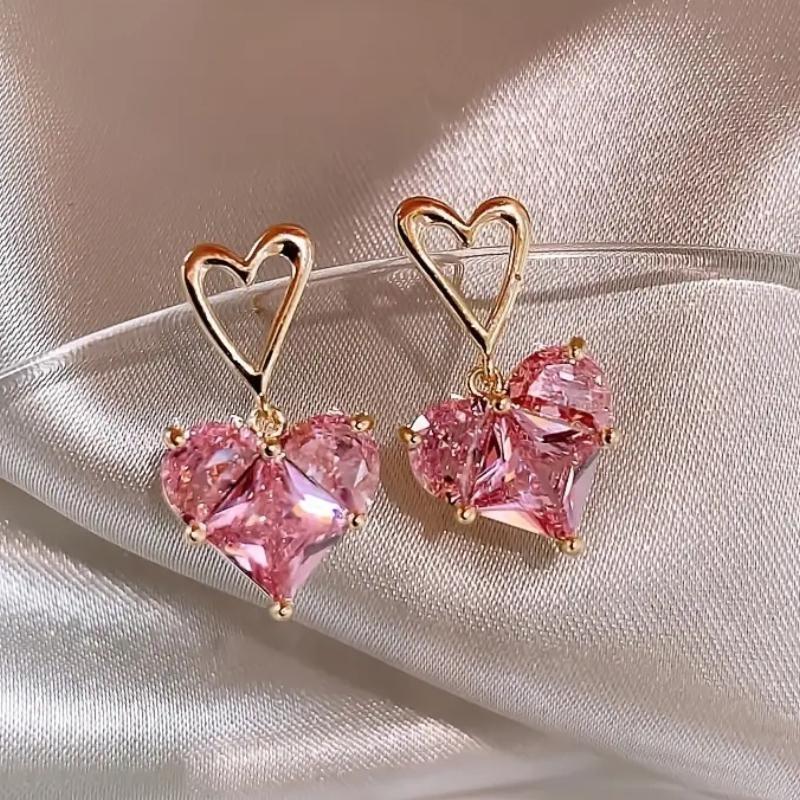 Позолоченные розовые сапфировые серьги в форме сердца, модные женские повседневные повседневные серьги для вечеринок, ювелирные изделия