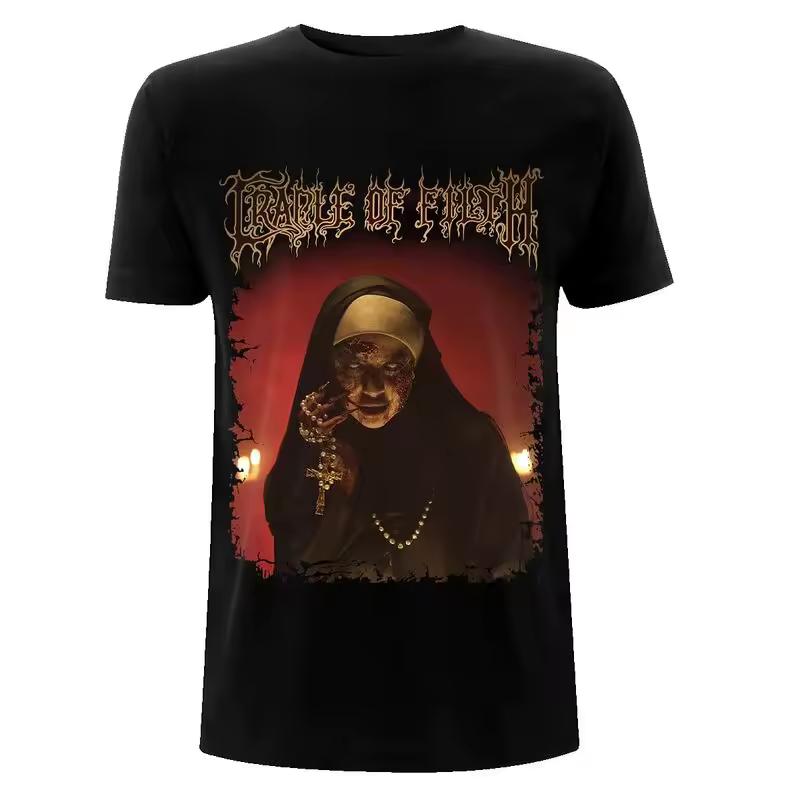 Cradle of Filth Demon Nun & Filthy Slogan Double-Sided Print Black Cotton T-shirt Men Metal Unisex Tee