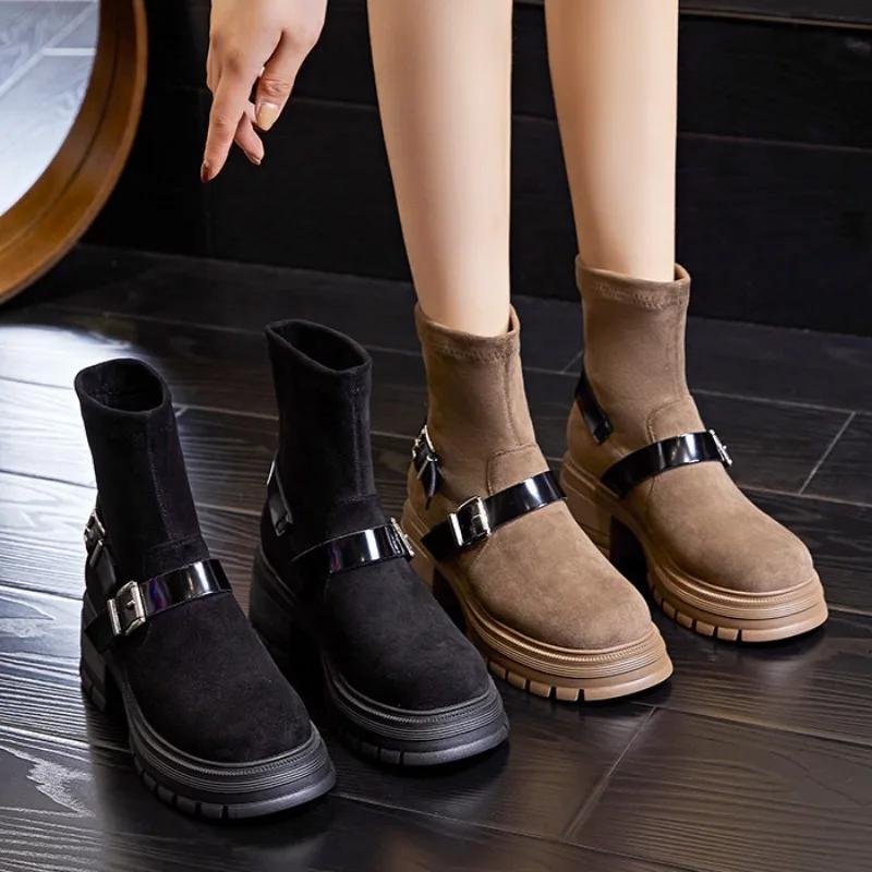 Модные эластичные носки, сапоги, весна/осень, короткие сапоги на толстом каблуке для женщин, универсальная женская обувь, модная женская обувь до середины икры