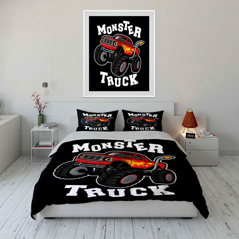 Monster Truck Red Flame Design Bedding Set for Kids Luxury Gift 3pcs Digital Print Comforter Set Soft Comfortable Breathable