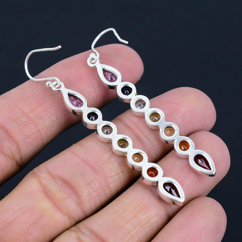 Multistone Gemstone Earrings Solid 925 Sterling Silver Handmade Earrings Jewelry Gift For Women And Girls E-1155