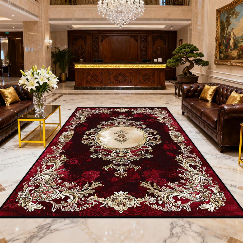 European Luxury Red Gold Easy Clean Carpet for Living Room Decoration Bedroom Bedside Fluffy Rug Large Area Non-slip Floor Mats