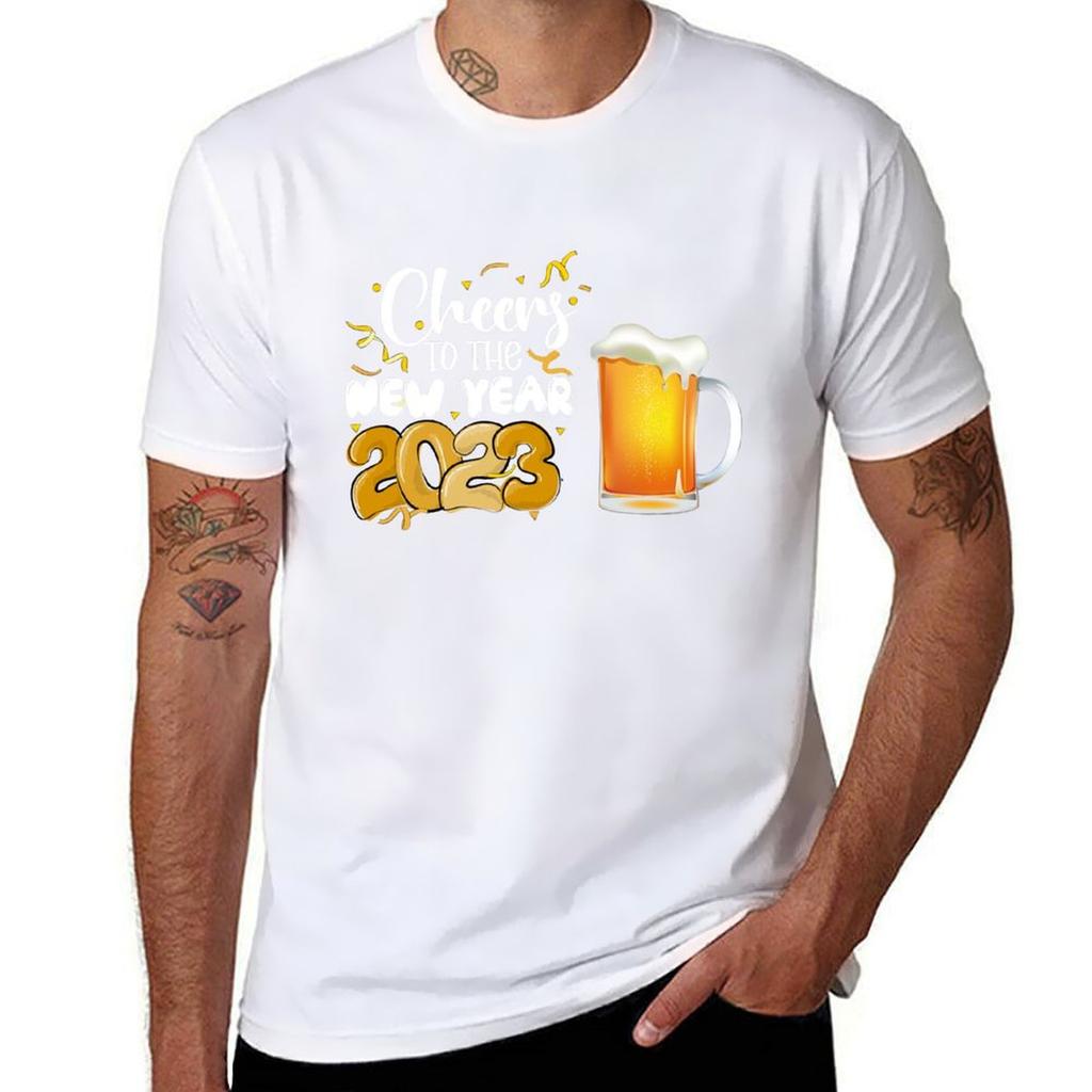 Happy New Year With Beer Mug Tshirt Work Daily Short Sleeve Top