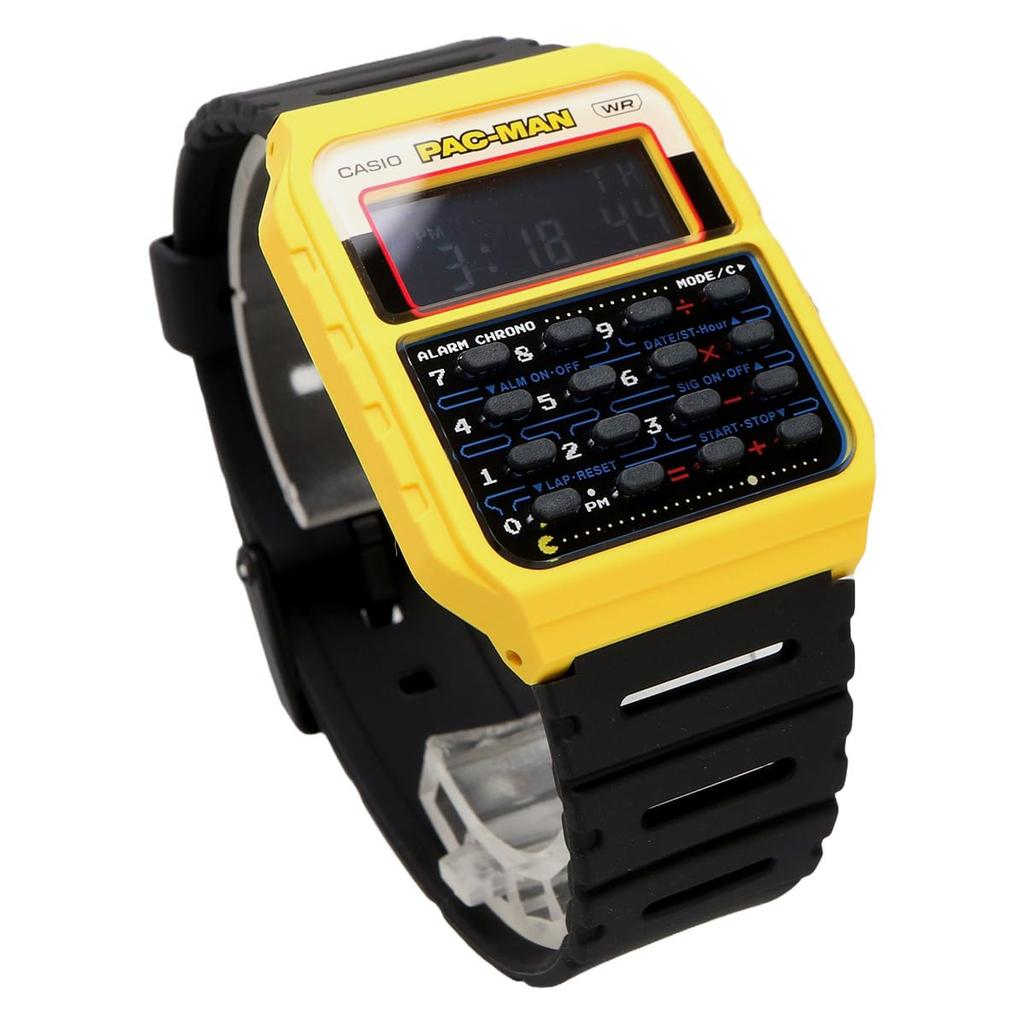 Casio Digital Watch with Collaboration Model Biomass Resin Yellow X Overseas Model 8-Digit Calculator, PAC-MAN CA-53WPC-1B, Band, Unisex, Black,