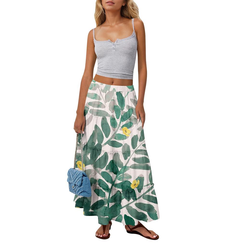 Women's Printed Elastic Waist Loose Hem Long Skirt