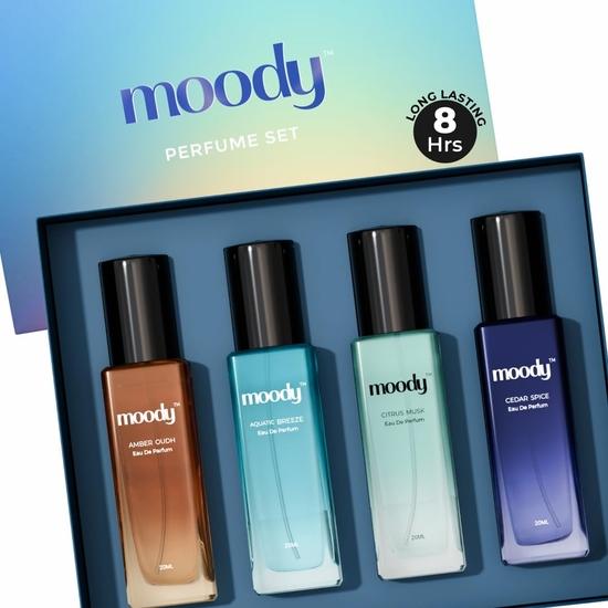 Moody Premium Perfume Gift Set for Men | Eau De Parfum | Long Lasting EDP Fragrance | Amber Oudh, Aquatic Breeze Perfume Gift for men Pack of 4x20ml