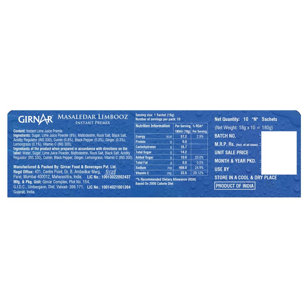 Girnar Masaledar Limbooz Instant Lemon Drink With Ginger, Lemongrass & Cumin, 10 Sachets Box, Refreshing Summer Beverage