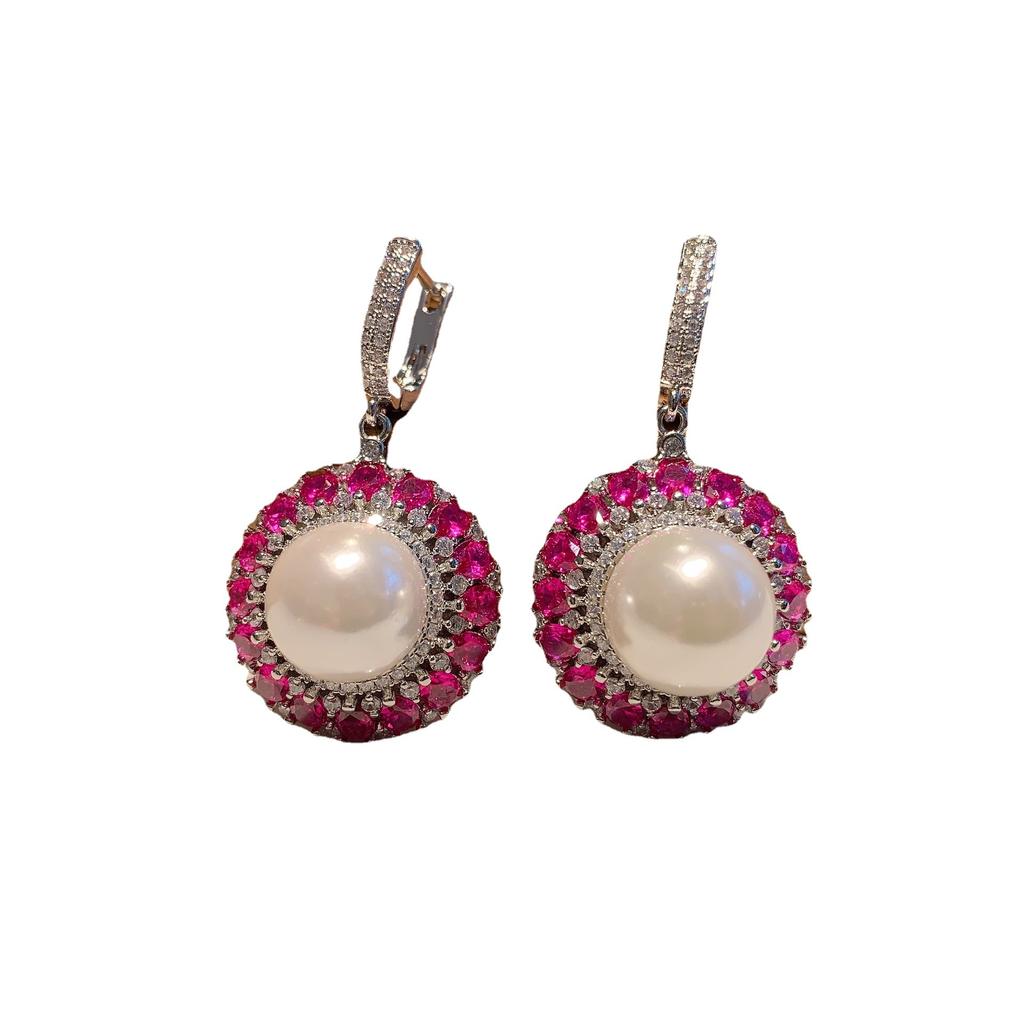 Pearl Earrings Women'S Retro Court Hong Kong Style Temperament Earrings Slightly Set With Rubies Three-Piece Set
