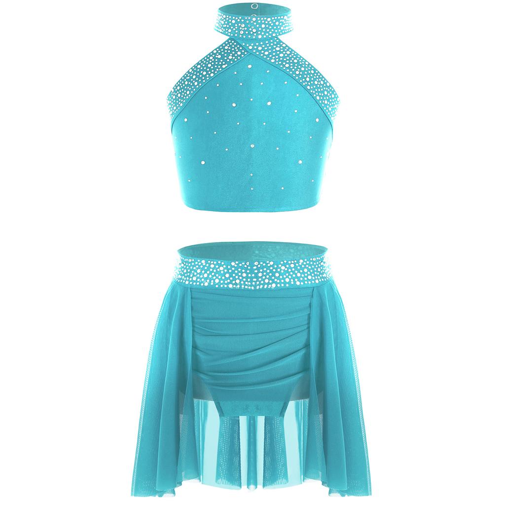 Kids Girls Lyrical Dance Set Modern Contemporary Costume Rhinestones Crop Top with Skirted Leotard Ice Skating Ballet Dancewear
