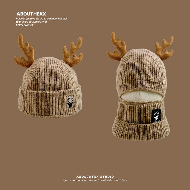 Christmas cute antlers red hat women's winter warm scarf thickened wool hat cold protection ear protection knitted hat