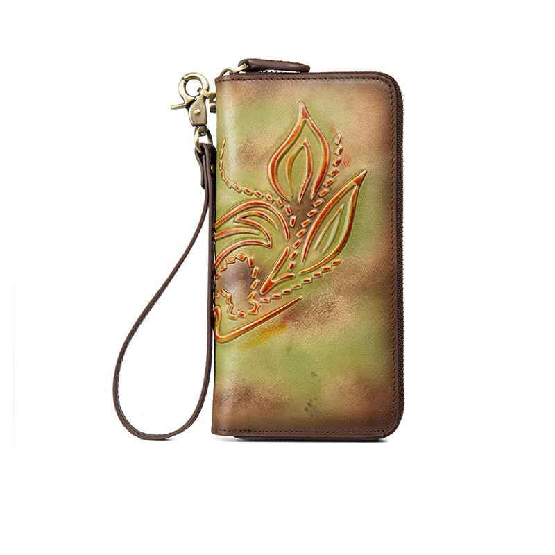 Johnature Женские кошельки из натуральной кожи в стиле ретро, ​​длинный ручной кошелек на молнии, ручной кошелек с держателем для карт, кошелек для телефона из воловьей кожи