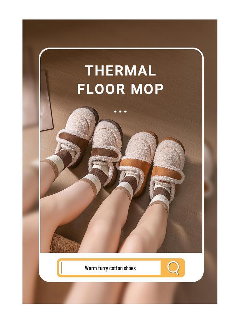 Женские зимние тапочки из хлопка на липучках в корейском стиле: Нескользящий, теплый, плюшевый ретро-меховой дизайн