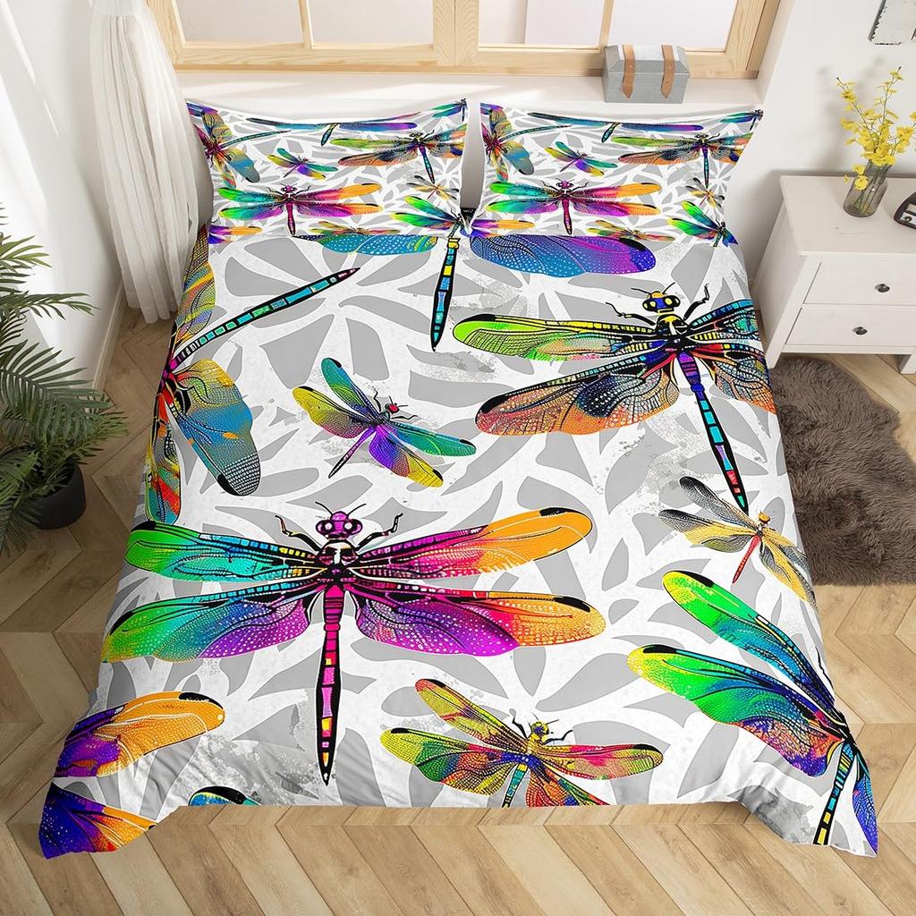 Dragonfly Duvet Cover Queen Botanical Floral Comforter Cover Vintage Style Sunflower Bedding Set Natural Pastoral Spring Decor
