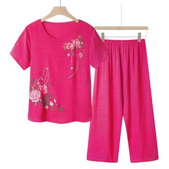 2 Pcs/Set Women T-shirt Pants Set Homewear Outfit Solid Color Floral Print Round Neck Short Sleeve Top Wide Leg Elastic Waist Loose Pants Pajamas