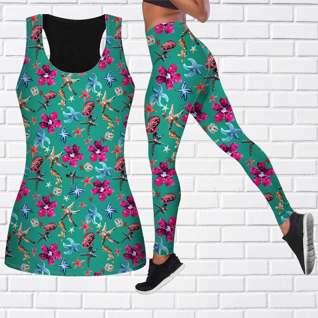 Фиолетовый наряд для йоги с принтом морской звезды для женщин, модные леггинсы для тренировок, спортивные повседневные штаны для фитнеса и йоги