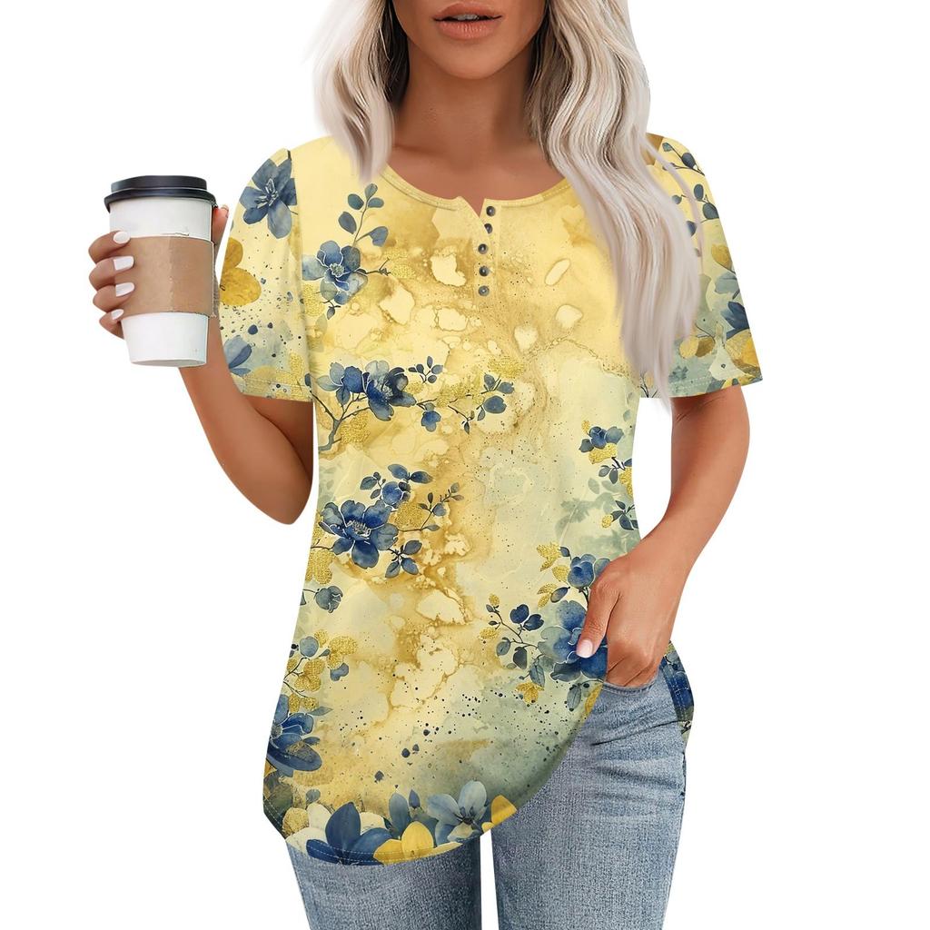 Женский модный повседневный короткий рукав пуловер с принтом на пуговицах и круглым вырезом