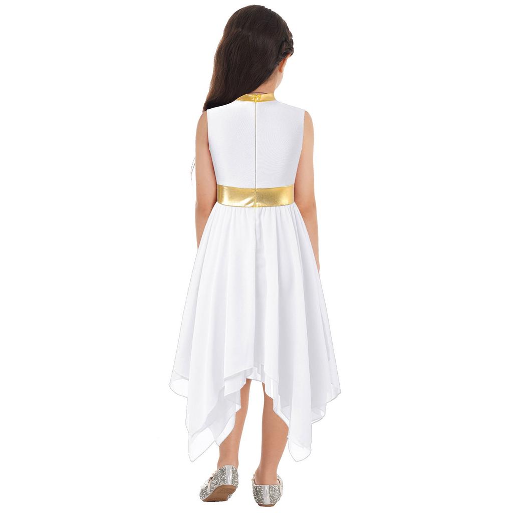 Girls Metallic Patchwork Sleeveless Asymmetrical Hem Praise Dance Dress Modern Lyrical Costume