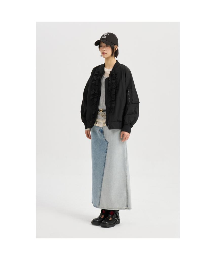 LUCKY CHOUETTE Back Banding Color Block Long Denim Skirt (Blue) Lfpdm25320Bux
