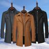 Men Woolen Coat Stand Collar Lapel Long Sleeve Solid Color Mid-length Business Coat Zipper Button Closure Work Windbreaker