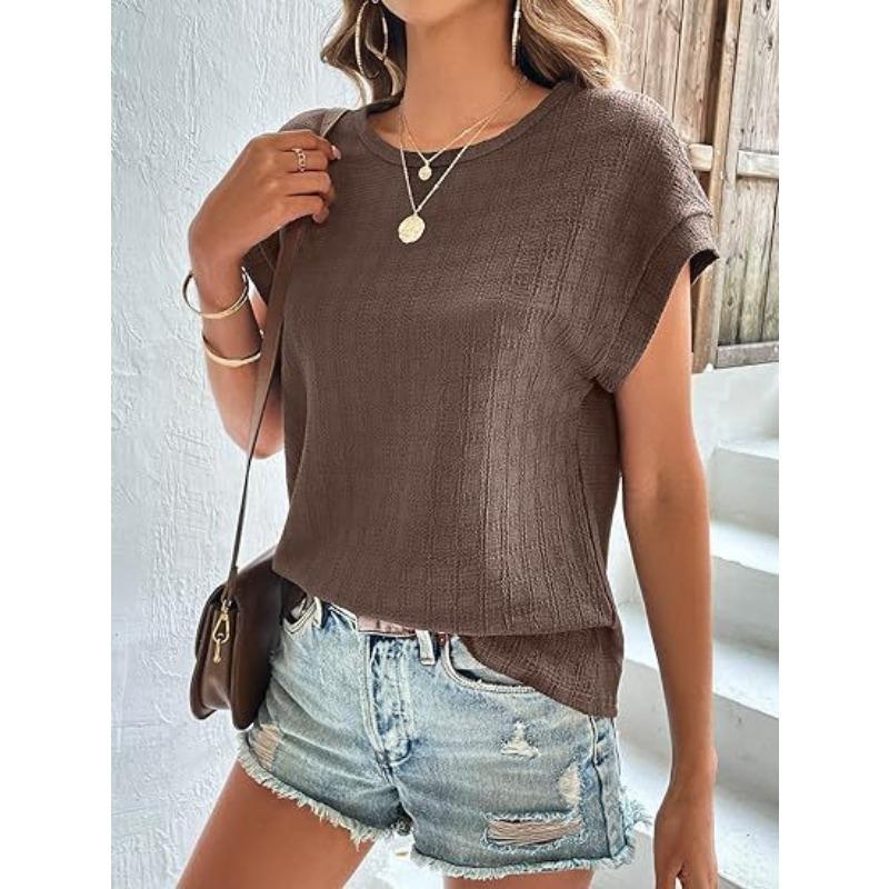 YYFS Женские модные повседневные летние весенние однотонные блузки и рубашки с короткими рукавами и круглым вырезом с принтом