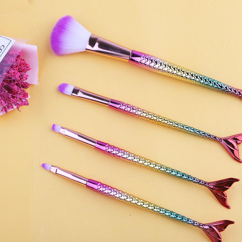 Mermaid 4-Piece Makeup Brush Set with Soft Electroplated Nylon Bristles in a PVC Bag