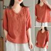 Women Summer Tops V-neck Half Sleeve Embroidery Pattern Pullover Tops Solid Color Loose Fit Commuting Style Tops