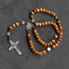 Wood Beads Rosary Cross Necklace For Women Men Christian Virgin Mary Inri Pendant Chain Religion Jewelry