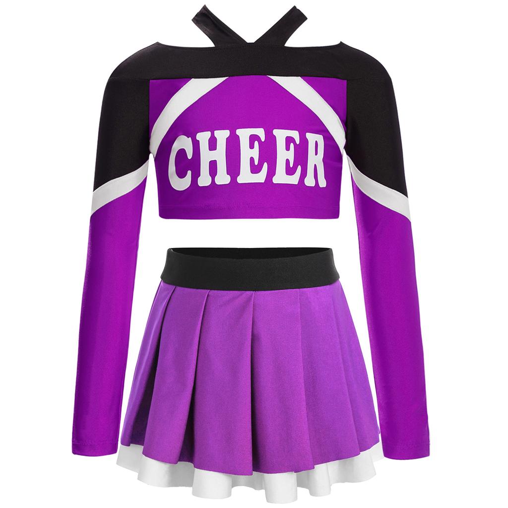 Girls Cheerleading Outfit Long Sleeve Letter Print Color Block Crop Top Pleated Skirt Set