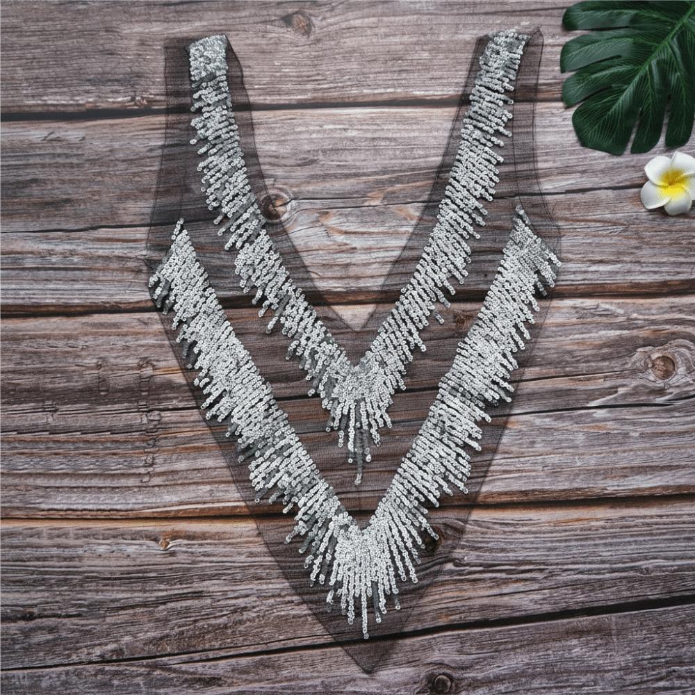 V Collar Design Mesh Lace Appliques Silver Sequins Dress Decoration Appliques Gown Embellishment