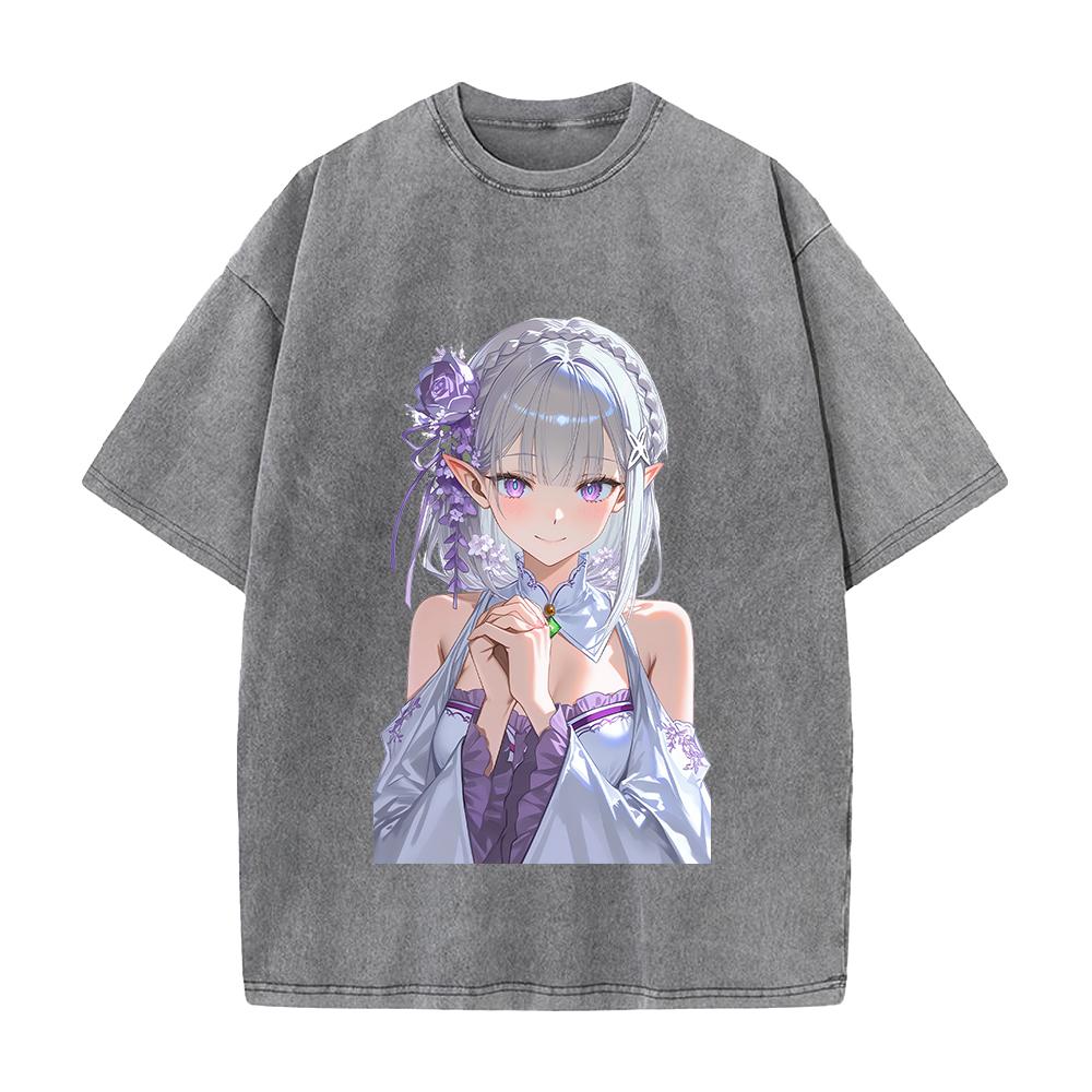 Re ZERO Начинаем жизнь с нуля в другом мире Эмилия Печатная Футболка Мужская Женская Стиранные Хлопковые Футболки Ретро Футболка Харадзюку Унисекс Футболка