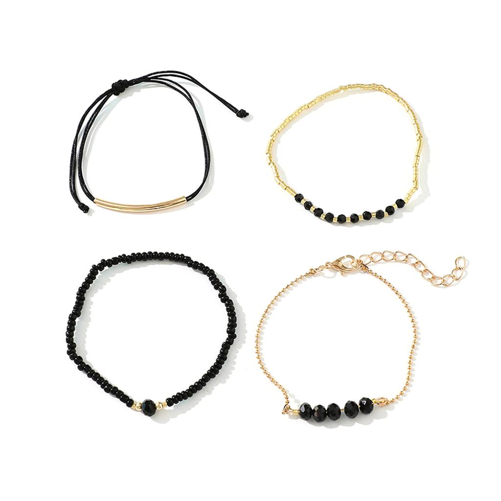 Стильный комплект браслетов из искусственного черного кристалла и рисовых бусин, регулируемая длина, цепочка на руку для повседневного ношения или вечернего мероприятия
