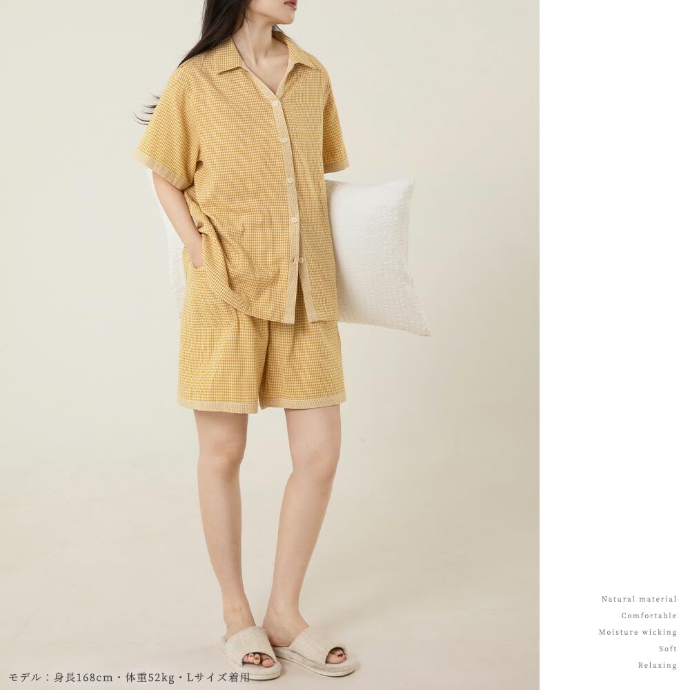 Да Семейный Пижамный Шорт из Двойной Марли Передняя Клетка Размер Желтый Женский Комплект, 100% Хлопок, Рукава, Разрез, Рисунок, XL,