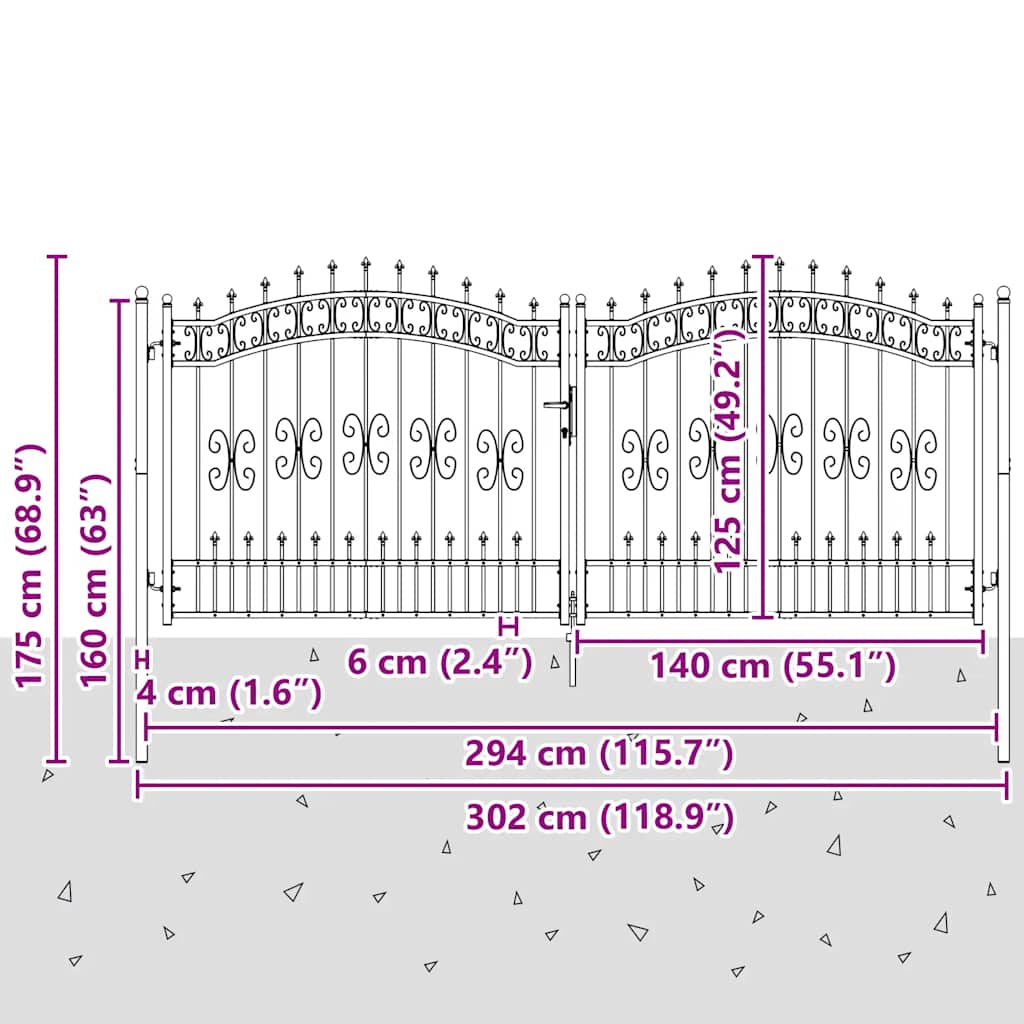 Garden Gate KAMPEN with Spear Tip Black 302 x 125 cm Steel